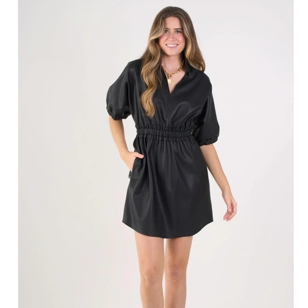 Emily McCarthy Palmer Vegan Leather Dress Size L Black Smocked Edgy Biker Luxury